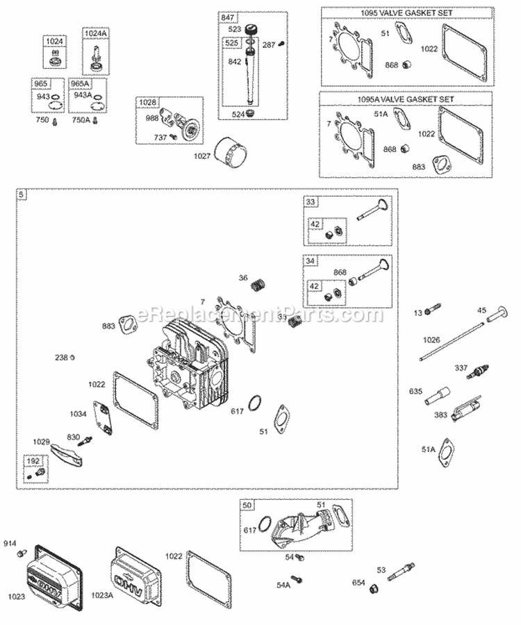 Cylinder Head Rocker Cover Oil Pump Oil Filter Diagram and Parts List for  Briggs and Stratton Engine